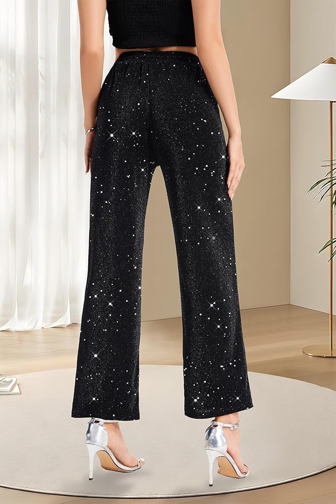 PEIQI Women High Elastic Waist Wide Leg Palazzo Pants Bling